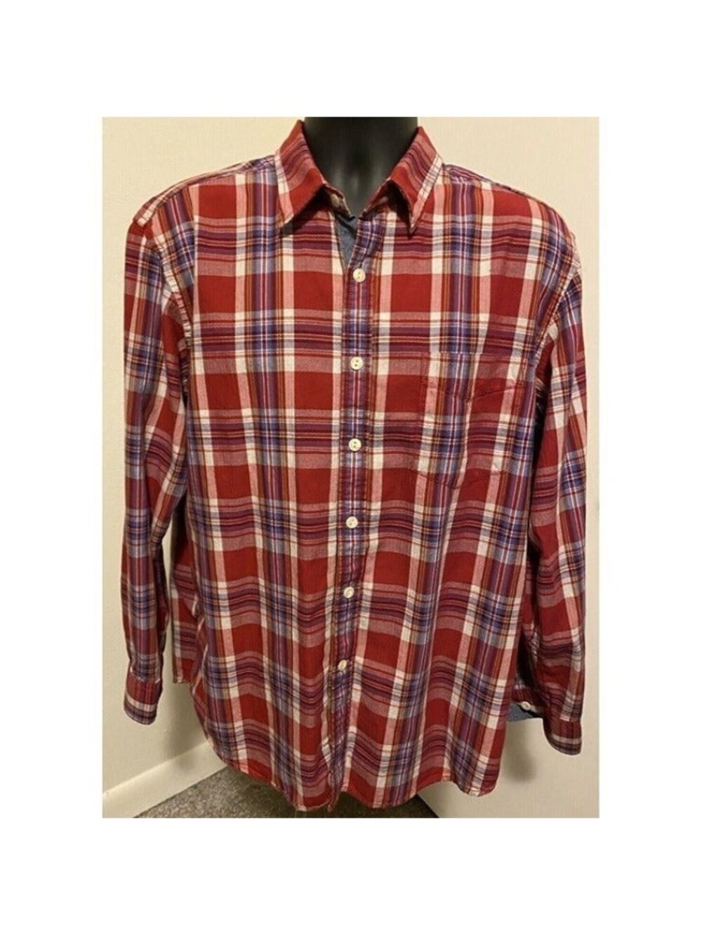 Club Room Shirt Maroon Plaid Button Up Men Large 100 Percent Cotton